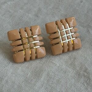 Retro Geometric Square Earrings Tan Pink‎ Gold Tone Studs Fashion Jewelry